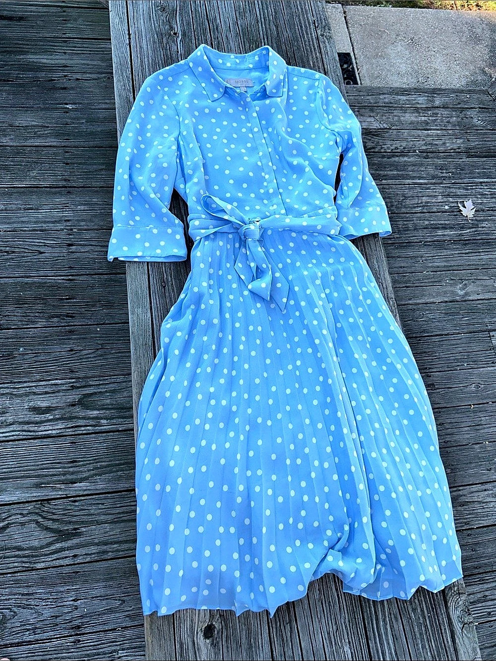 Hobbs Polka Dot Midi Dress in Blue & White Size 10P